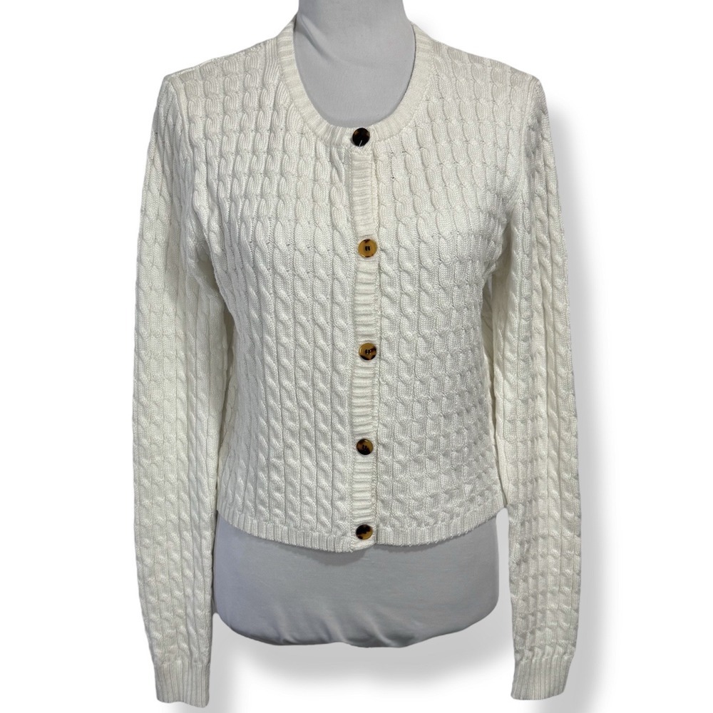 Emory Park Cable Knit Cardigan Sweater Size Small White Cropped Boxy Button Up